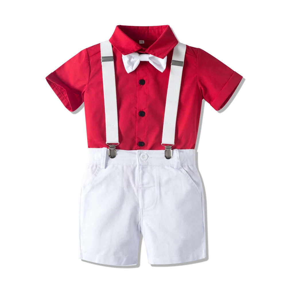 Erkek Resmi Elbise Yürüyor Çocuk Giyim Kırmızı Gömlek + Beyaz Şort Beyaz Kemer ile Moda Erkek Bebek Parti Takım Elbise