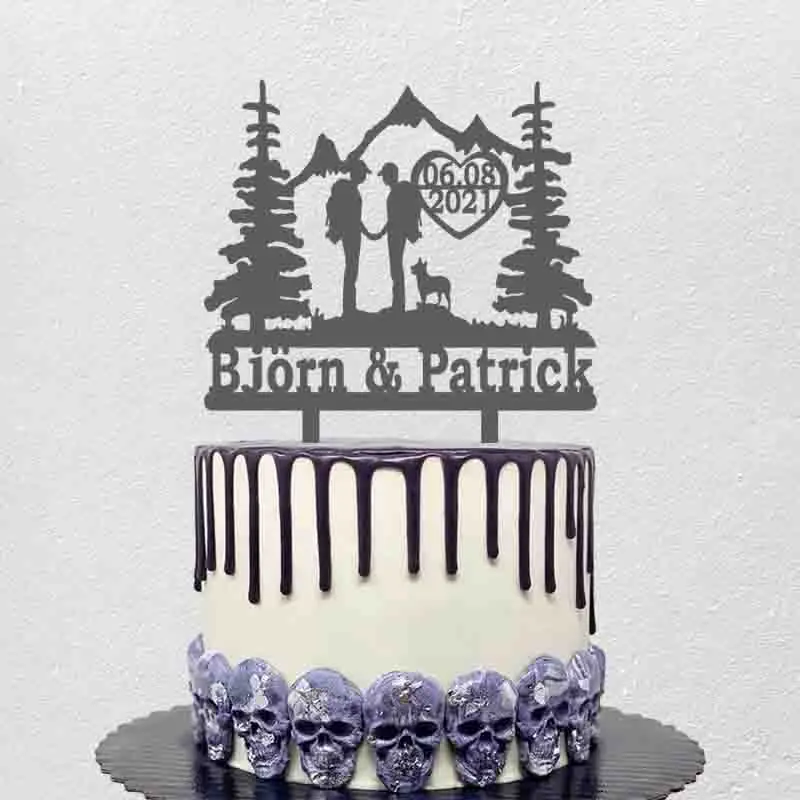 Kişiselleştirilmiş Eşcinsel Düğün Pastası Topper Kar Dağ Yürüyüş Siluetleri Erkek ve Erkek Düğün Pastası Dekorasyon Topper