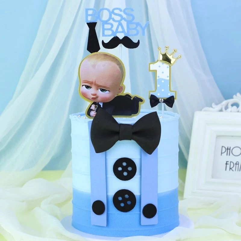 Bebek Patron Kağıt Doğum Günü Pastası Topper Mavi Numarası Düğmesi papyon Pişirme Kek Topper Çocuklar için Doğum Günü Kek Dekorasyon Malzemeleri