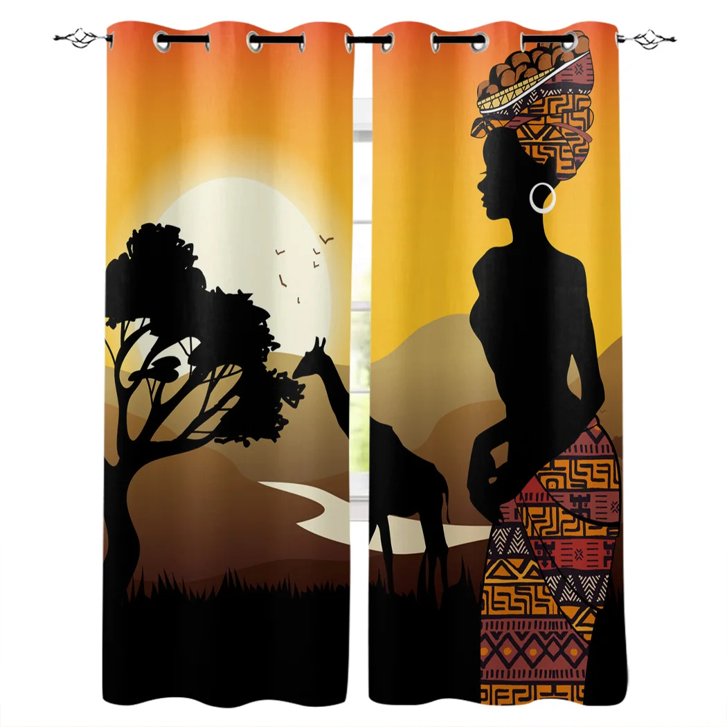 Afrikalı Kadın Zürafa Siluet Pencere Perdeleri Oturma Odası Mutfak Perdeleri Modern Ev Dekor Yatak Odası Tedavi Perdeler