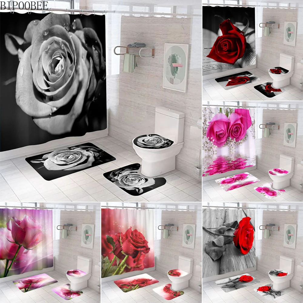 Renkli Güller Baskılı Duş Perdesi Güzel Çiçekler 3D Banyo Perdeleri Tuvalet kapak Kaymaz Mat ayaklı halı