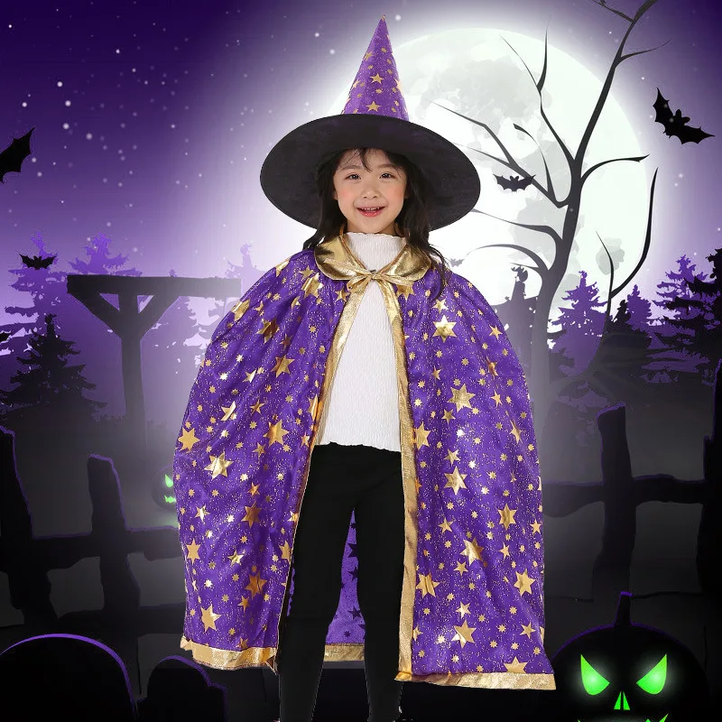 Cadılar bayramı Kostüm Saten Pelerin Çocuklar için Şapka ile Erkek Sihirbazı Kız Cadı Cosplay Cadılar Bayramı Partisi Çocuk Giyinmek Hayalet Elbise 2021