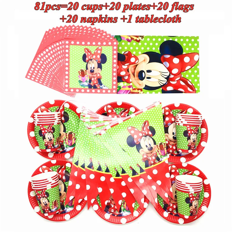 81/51 Adet Disney Minnie Mouse Tema Çocuk Favor Doğum Günü Partisi Kağıt Tek Kullanımlık Bardak + Plaka + Peçete + Bayrak + Masa Örtüsü Dekorasyon Malzemeleri