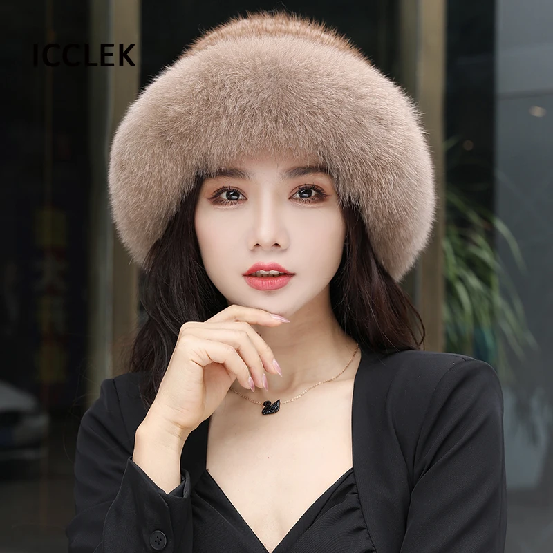 Kadınlar Gerçek Vizon Kürk Bombacı Şapka Kış Orijinal Fox Kürk Örgü Kapaklar Sıcak kulak koruyucu Lüks Kabarık Vizon Şapka Elastik Melon Şapka