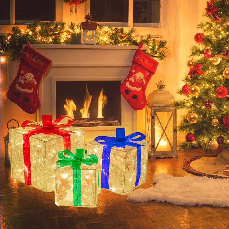 3 adet Noel parlayan hediye kutusu ile ışık demir tel yapımı aydınlık mevcut kutuları durumda ev partisi noel ağaçları dekor süsler