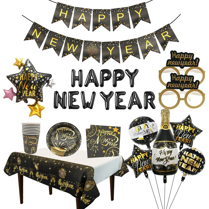 Siyah Altın Mutlu Yeni Yıl Balon Afiş Kağıt Gözlük Tek Kullanımlık Sofra 2023 Yeni Yıl Partisi noel ev dekoru Malzemeleri