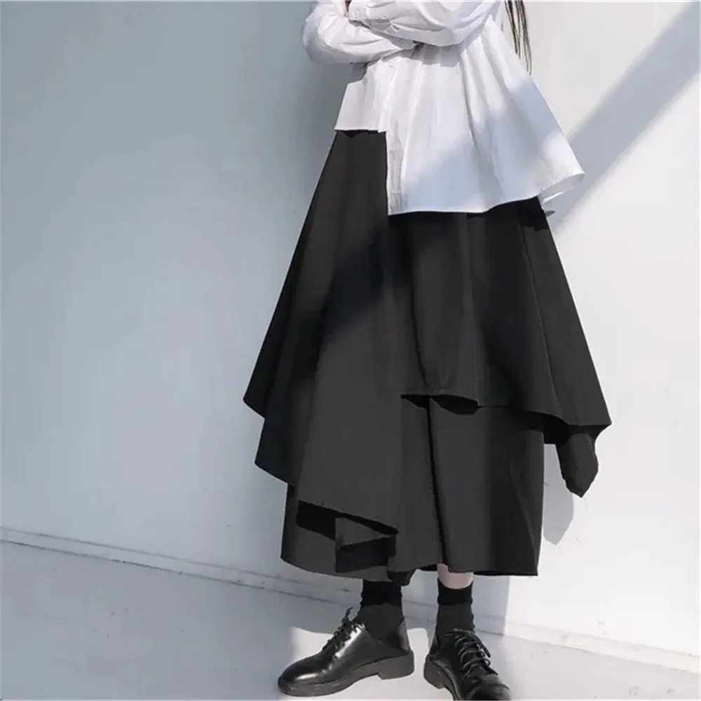 Harajuku Gotik Yüksek Elastik Bel Siyah Asimetrik Geniş Bacak Pantolon Gevşek Fit Pantolon Kadın Moda Gelgit Bahar Sonbahar 2021