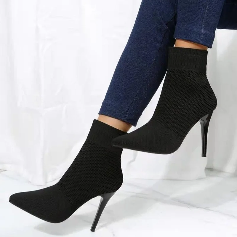 Seksi Streç Çorap Çizmeler Moda Sivri Burun Zarif Örme Örgü Topuklu Rahat Kapalı Balo Kış 2023 Slim Fit Botas De Mujer