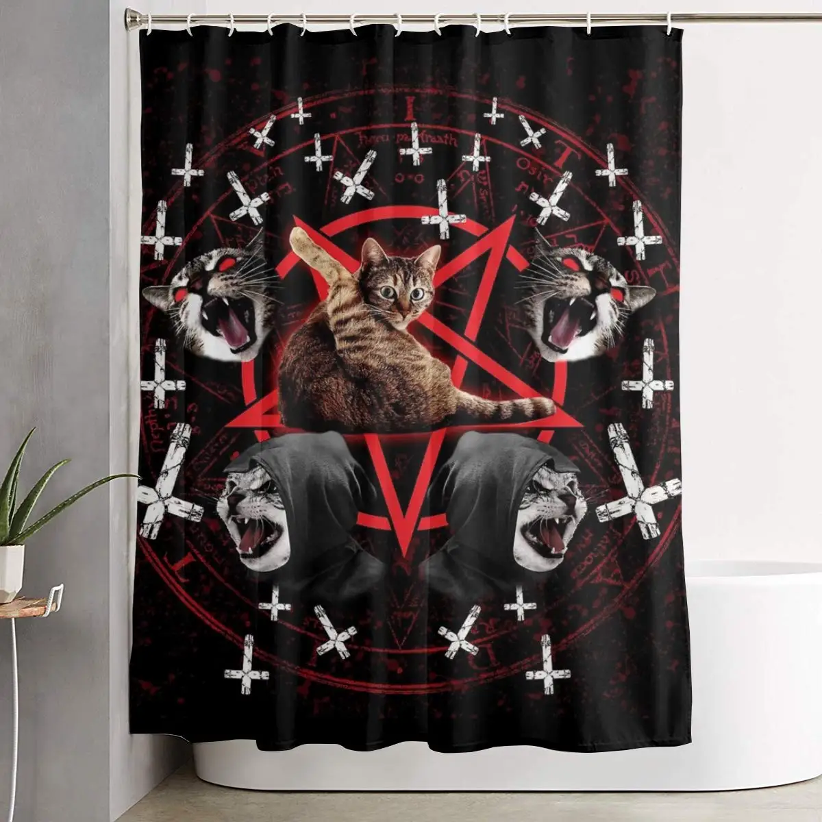 Şeytani Kedi Pentagram Ölüm Siyah Metal Duş Perdesi Dayanıklı Banyo Perdeleri