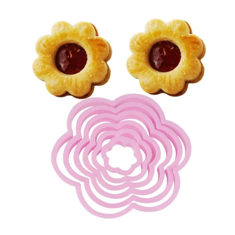 6 Adet Çiçek Şekli Plastik Pişirme Kalıp Mutfak Bisküvi kurabiye kesici Pasta Piston 3D Damga Kalıp Fondan Kek Dekorasyon Araçları