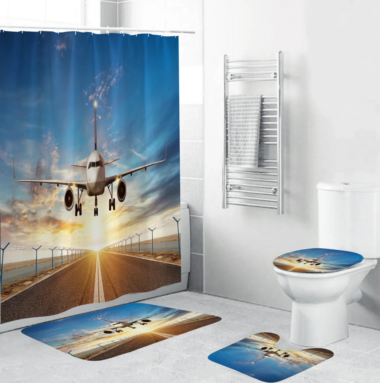 Şafak Mavi Gökyüzü Uçak Kalkış Baskılı Banyo Su Geçirmez Duş Perdesi Halı Kapak Halı Tuvalet yatak örtüsü seti banyo perdesi mat seti