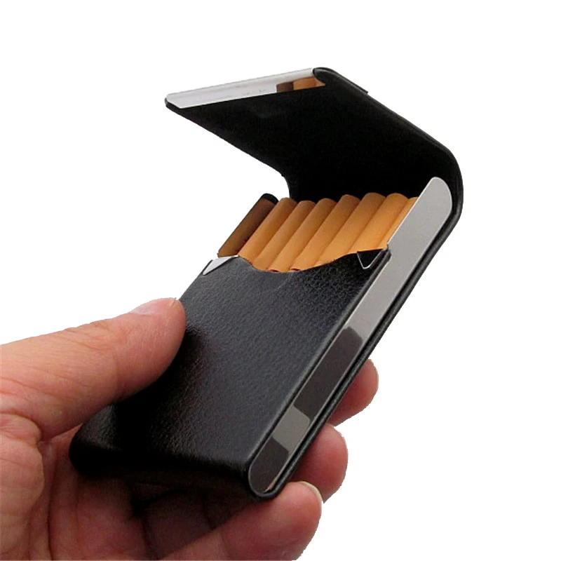 Pu Deri Sigara Durumda Klasik Metal Sigara Kutusu Çelik 96 * 65 * 13mm Puro saklama Kutusu Tütün Tutucu Siyah Kahverengi