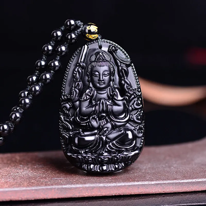 Siyah Obsidian Oymalı Buda Kolye Kadın Erkek Uzun Boncuk Zincir Bhodisattva Kolye Budizm Şanslı Muska Takı Hediye