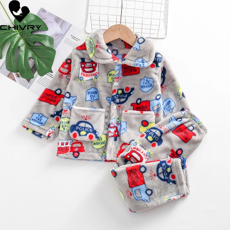 Yeni 2022 Çocuk Erkek Kız Sonbahar Kış sıcak Pazen Pijama Setleri Sevimli Karikatür Yaka Üstleri Pantolon ile Bebek Uyku giyim setleri