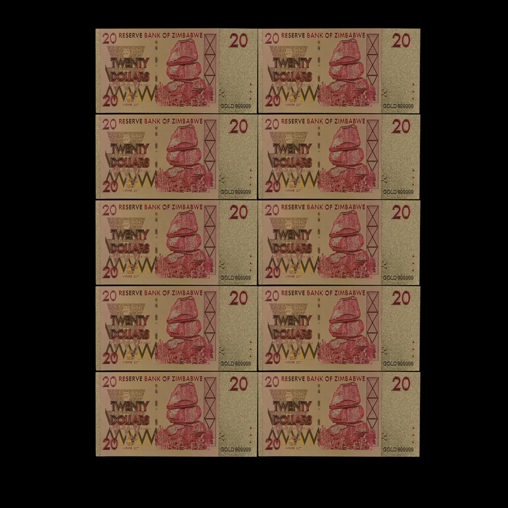 Renkli Zimbabve 20 Dolar 24K Altın Banknot 1 Sertifikası Hatıra Hediyeler ve Koleksiyon Altın Banknot