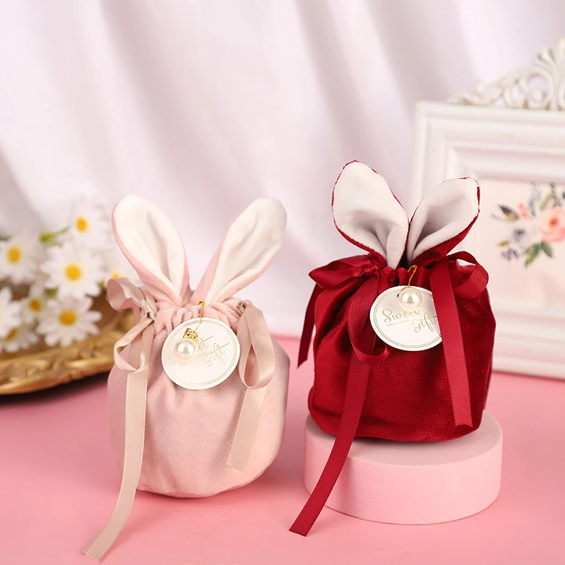 Paskalya Noel Sevimli Tavşan Kulaklar Hediye Ambalaj Çanta Kadife Tavşan Çikolata Şeker Çanta Düğün Doğum Günü Partisi Takı Organizatör