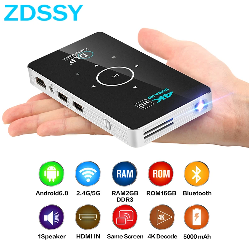 ZDSSY C6 Mini DLP Projektör 4K Android 9.0 WiFi Bluetooth Taşınabilir Açık Film Ev Sineması İçin Akıllı Telefon Miracast Airplay