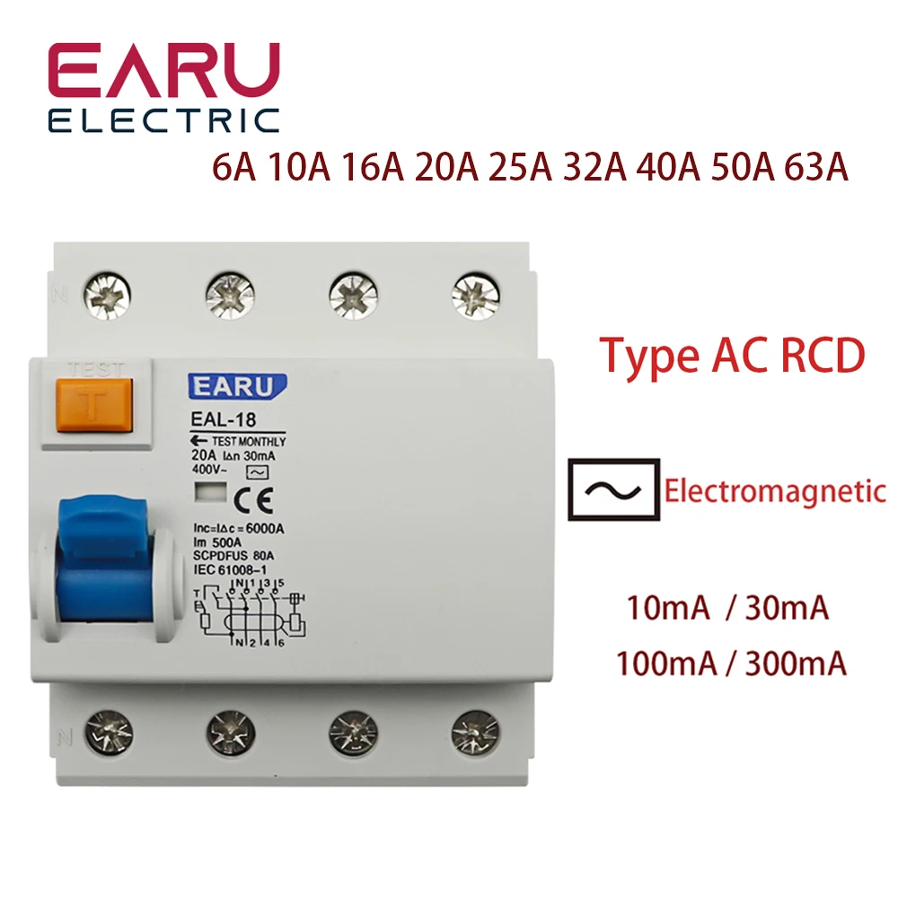 4P 32A 10/30/100 / 300mA Tipi AC RCCB RCD ELCB Elektromanyetik Artık Akım devre kesici Diferansiyel kesici emniyet anahtarı