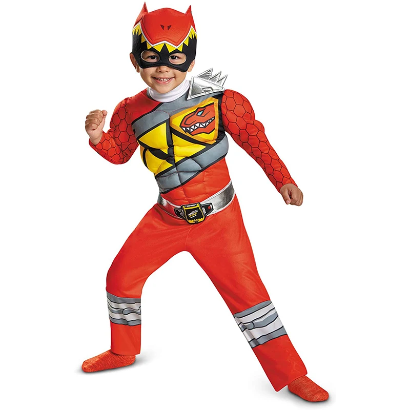 Bazzery Çocuklar Yürümeye Başlayan Cosplay Giysi Tam Set Kırmızı Güç Dino Şarj Erkek Kas Kostüm