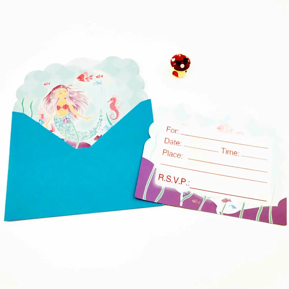 6 adet Küçük Denizkızı Parti Malzemeleri Davetiye zarflı kart çocuk Doğum Günü Partisi Süslemeleri Çocuklar Parti Malzemeleri