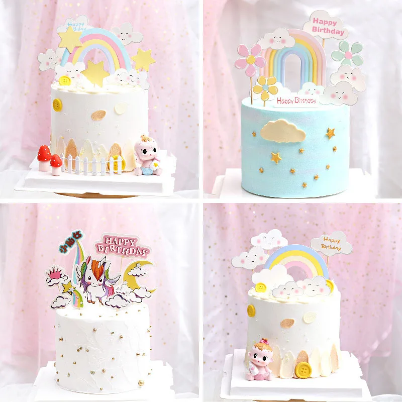 Gökkuşağı Mutlu Doğum Günü Pastası Topper Unicorn Doğum Günü Pastası Topper Malzemeleri Çocuklar için doğum günü Partisi Kek Süslemeleri Bebek Duş