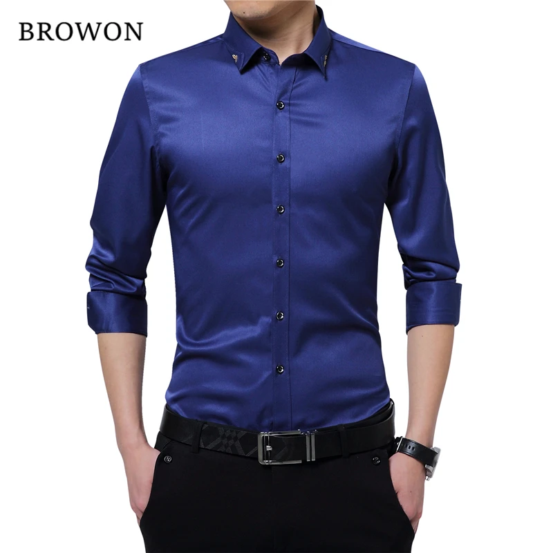 BROWON Marka Ipeksi Resmi Gömlek Erkekler Klasik Iş Uzun Kollu Düz Renk Nakış Yaka Slim Fit Gömlek Marka-giyim