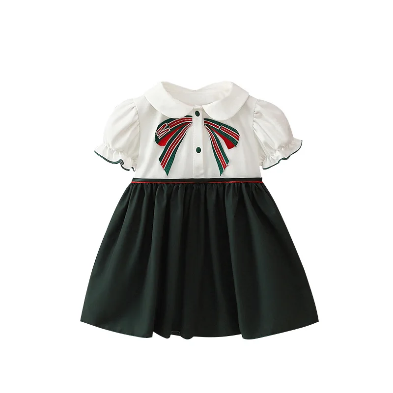Yüksek Kaliteli çocuk giyim Bebek Kız Elbise Yaz Yeni Stil Peter Pan Yaka Kısa Kollu Elbise İlmek ile 0-4Y
