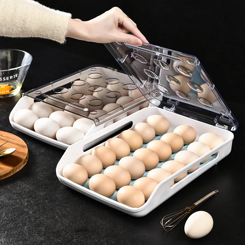Yumurta Karton Buzdolabı Bitirme Yumurta saklama kutusu Plastik Şeffaf Otomatik Kayar ve İstifleme kapaklı Ev Yumurta Tepsisi