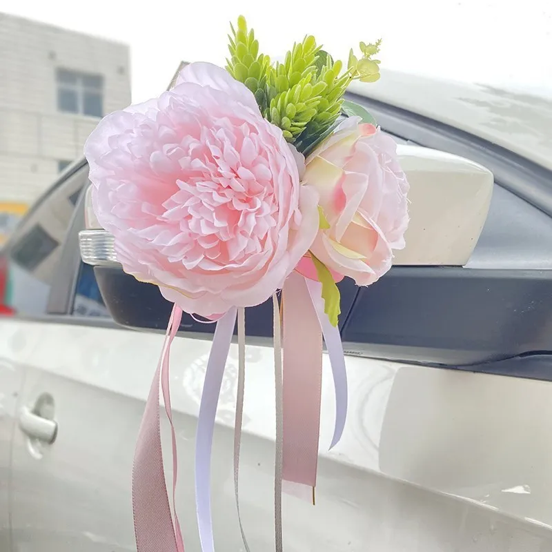 2 adet Yeni Yaratıcı Düğün Araba Dekor Çiçek Kapı Kolları dikiz aynası Süslemeleri Yapay Çiçek Aksesuarları Evlilik Sahne