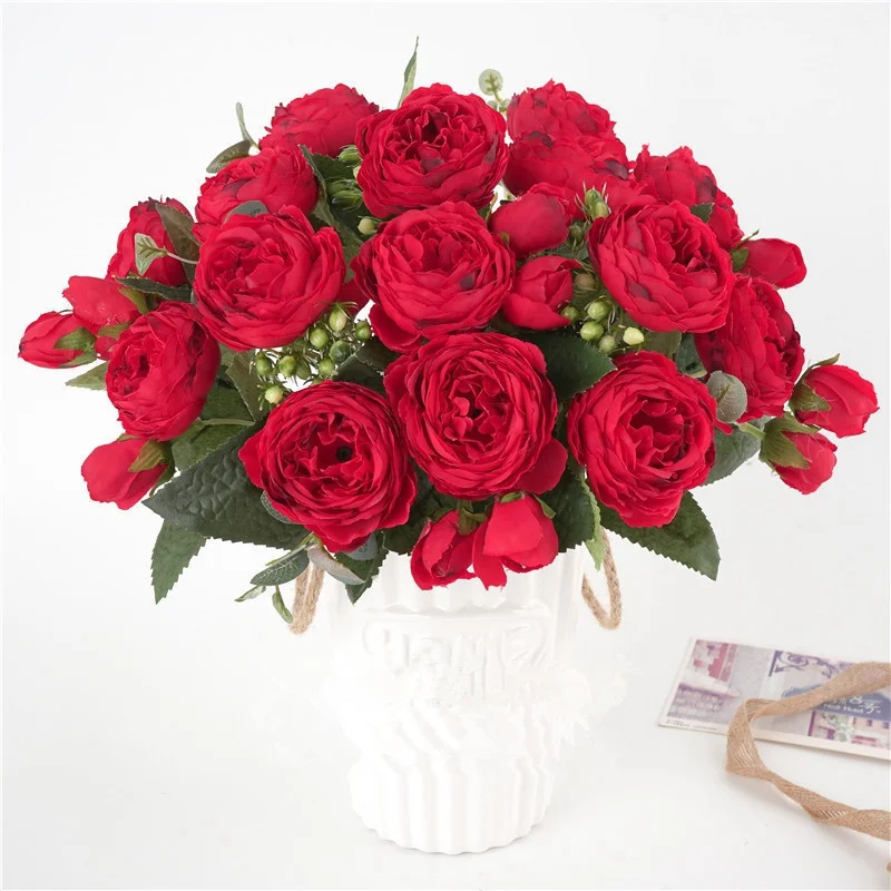 30cm Gül kırmızı İpek Şakayık yapay çiçekler Buket 5Big Kafa ve 4Bud şakayık Sahte çiçek el yapımı ev düğün dekorasyon