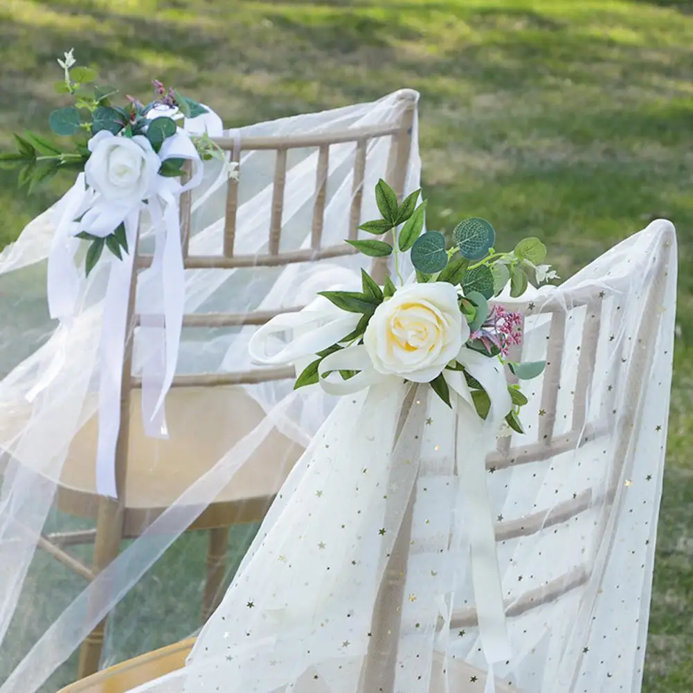 Yapay Düğün Çiçekleri Beyaz Koridor Sandalye Süslemeleri kilise sandalyesi Tezgah Pew Yaylar Kurdele ile Düğün Töreni Parti için YENİ