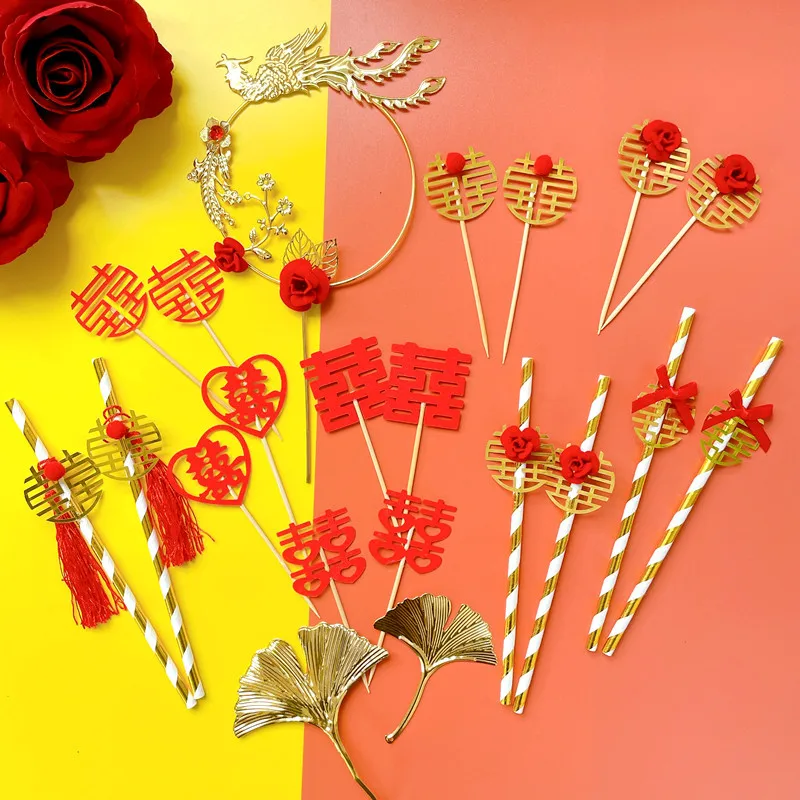 2021 Son Çin Düğün Pastası Topper Saman Odası Dekorasyon Düğün Malzemeleri Çift Mücevher Kırmızı Balon Dolu Çin Tarzı Takım Elbise