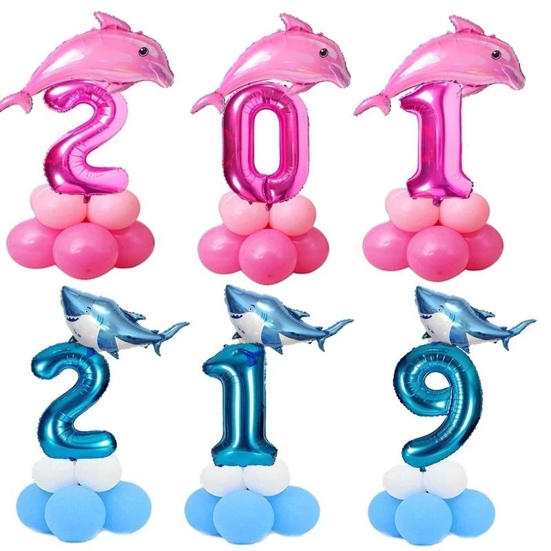 10 adet/takım Pembe Mavi Köpekbalığı Numarası Folyo Lateks Balonlar Çocuklar İçin Doğum Günü Partisi Dekorasyon 1st Doğum Günü Kız Erkek Dekor Malzemeleri
