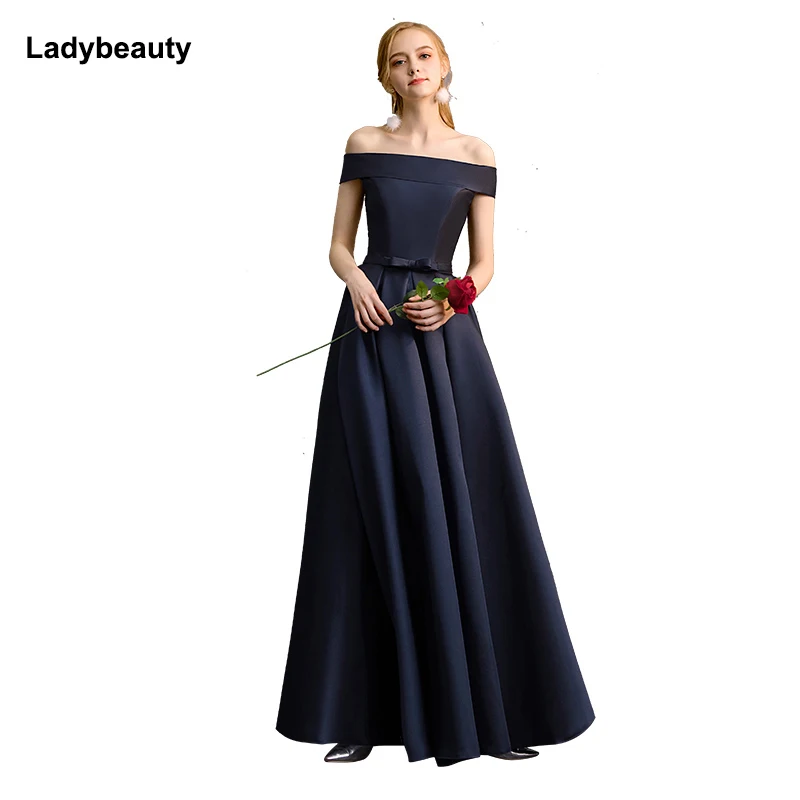 Yeni Vestido Madrinha lacivert Bağcık Uzun Gelinlik Modelleri Bir Çizgi saten Elbise Düğün Parti Robe Demoiselle D ' Honneur