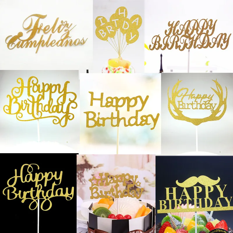 1 ADET Glitter Mutlu Doğum Günü Bayrağı Kek Topper Parti İyilik Sticker Dekor Afiş Kartı Doğum Günü Pastası Bayrağı Pişirme DIY Aksesuar Altın