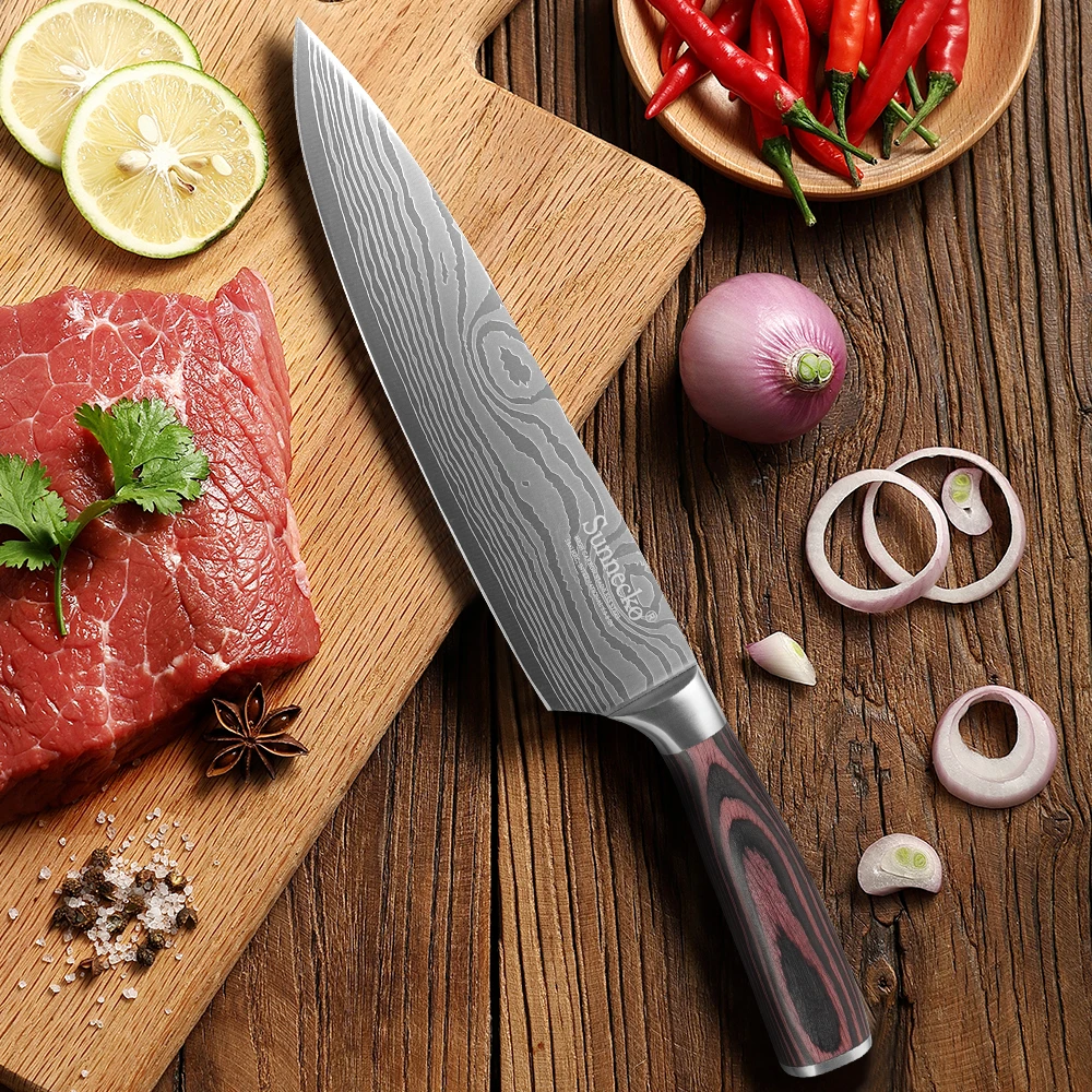Sunnecko 8 inç şef bıçağı Paslanmaz Çelik Mutfak Bıçakları Zımpara Lazer Desen Bıçak Pakka Ahşap Saplı Kesici CookingTool