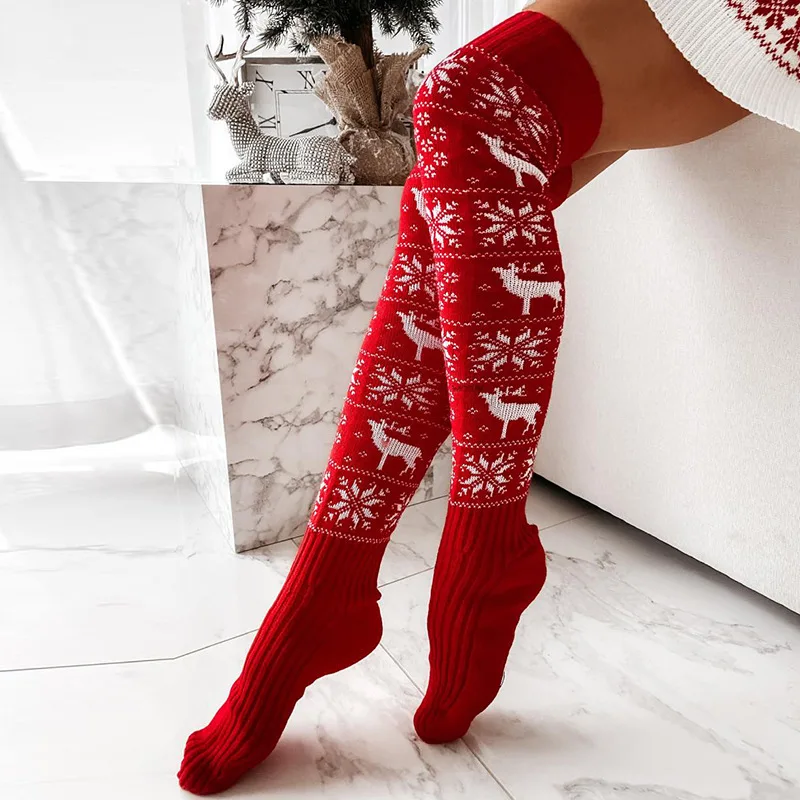 Noel Çorap Örgü Sıcak Çorap Kadın Elk Kar Tanesi Jakarlı Diz Boyu Yeni Yıl Çorap kadın Chaussette Noel