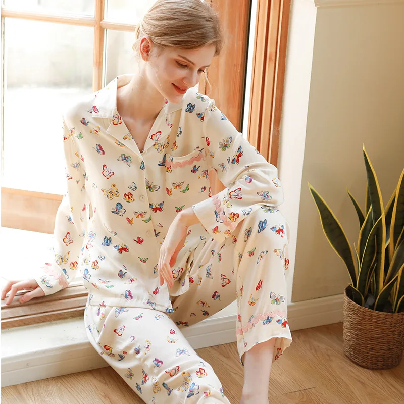 Sonbahar Pijama kadın Sevimli Tatlı Kelebek Baskılı Uzun Kollu Pantolon Loungewear Takım Elbise İki Parçalı Pijama kadın kıyafetleri