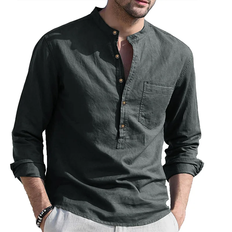 Gömlek Erkekler için Uzun Kollu Pamuk Keten Gömlek Erkek Katı Gevşek Üstleri Nefes Rahat Bluz Pamuk Tee Gömlek Bahar Sonbahar