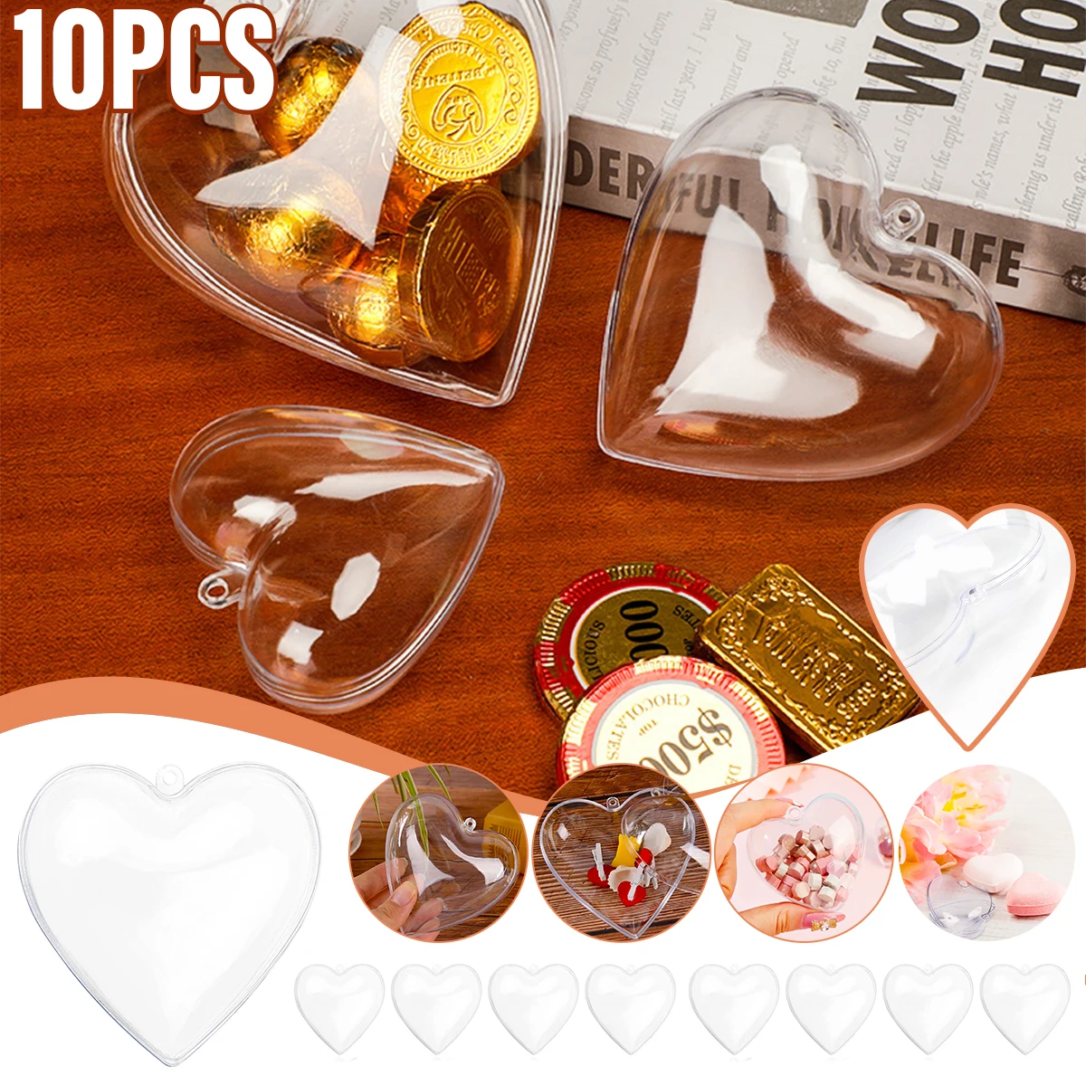 10 Adet Kalp Şekli Topları Sevgililer Hediye Kutusu Şeffaf Doldurulabilir Baubles Asılı Süsleme Kalp Şeklinde Dekor Düğün Şeker Kutuları