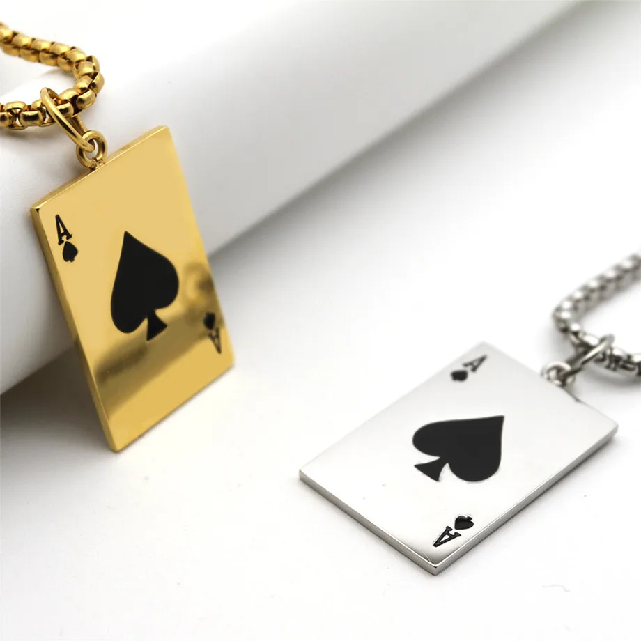 Oyun kartı Poker Maça Ace Kolye Altın / Gümüş Renk Paslanmaz Çelik Kolye Zincirleri İle moda takı noel hediyesi
