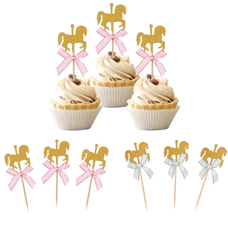 5 Adet Glitter At Cupcake Toppers atlıkarınca atı Tema Kek Alır Tatlı Toppers Doğum Günü Düğün Bebek Duş Parti Dekor