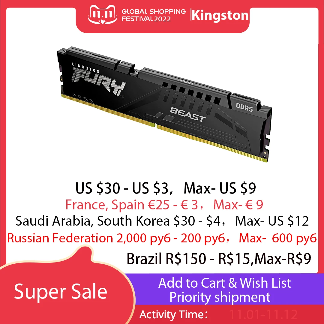 Kingston DDR5 RAM HYPERX FURY Modülü 16 GB 16GBX2 5200 MHZ 32G Memoria Ram ddr5 bilgisayar masaüstü 4800 MHZ 5600 MHZ 6000 MHZ RAM 32 GB 64 GB