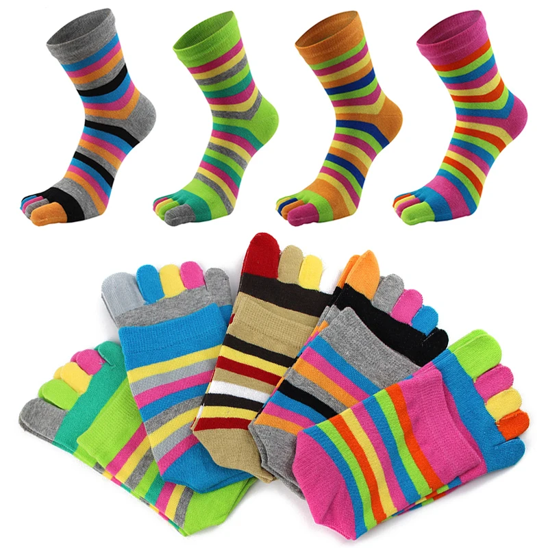 Beş Parmak Çorap Gökkuşağı Renk Ayak Ayak Bileği Çorap Pamuk Orta Tüp Çorap Moda Renkli Nefes Çizgili Komik Ayak Çorap