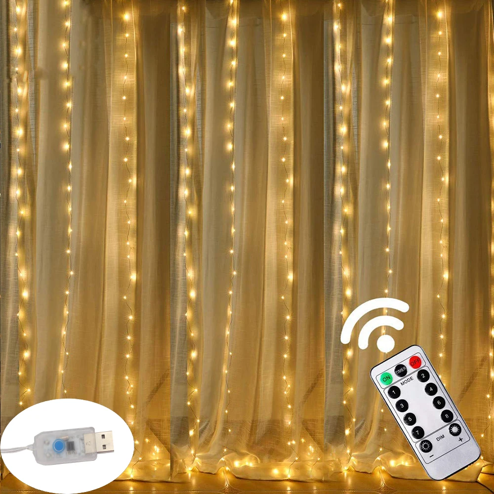 100/200 / 300LED uzaktan kumanda LED perde ışıkları USB perde dize ışıkları +asılı kanca peri ışıkları parlayan parti malzemeleri