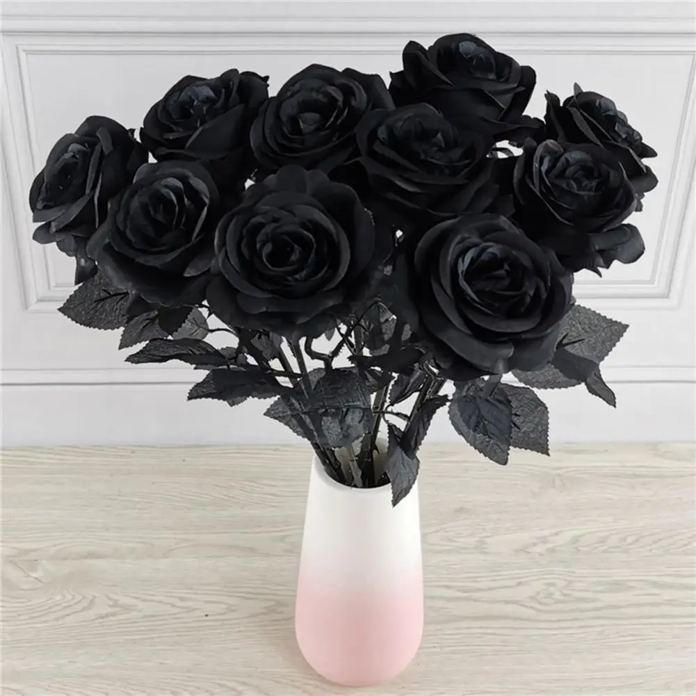 10 adet / grup Yapay Siyah Gül Çiçek Cadılar Bayramı Gotik Çiçekler Düğün Ev Partisi Sahte Çiçek Dekor