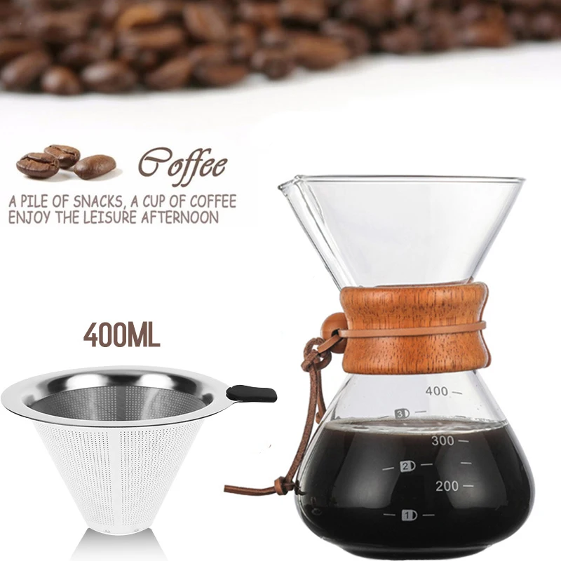 400ml Klasik cezve Yüksek Dayanıklı Cam Manuel Kahve makinesi Espresso Kahve Makinesi Paslanmaz Çelik V60 Filtre Kabı