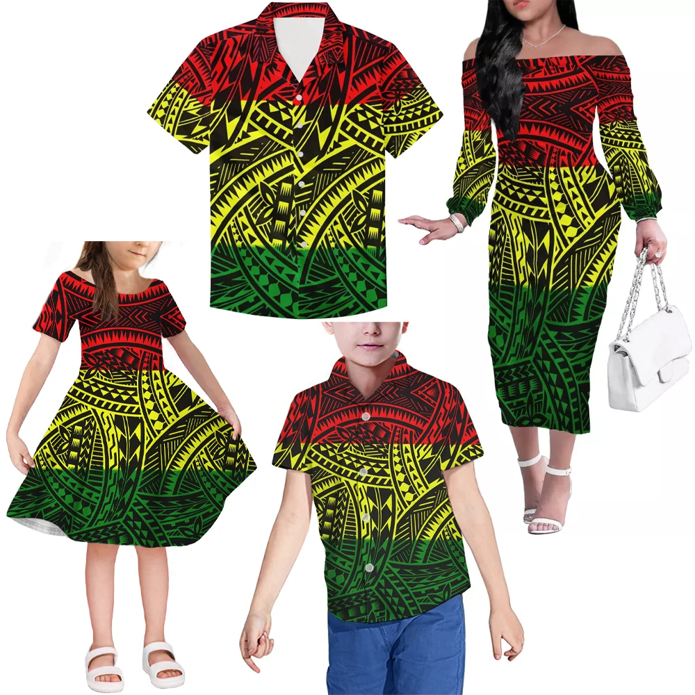 Yeni 4 / PC Moda Aile takım elbise eşleşen kıyafet Baskılı Polinezya Tribal kadın Parti Kalem Elbise erkek gömlek