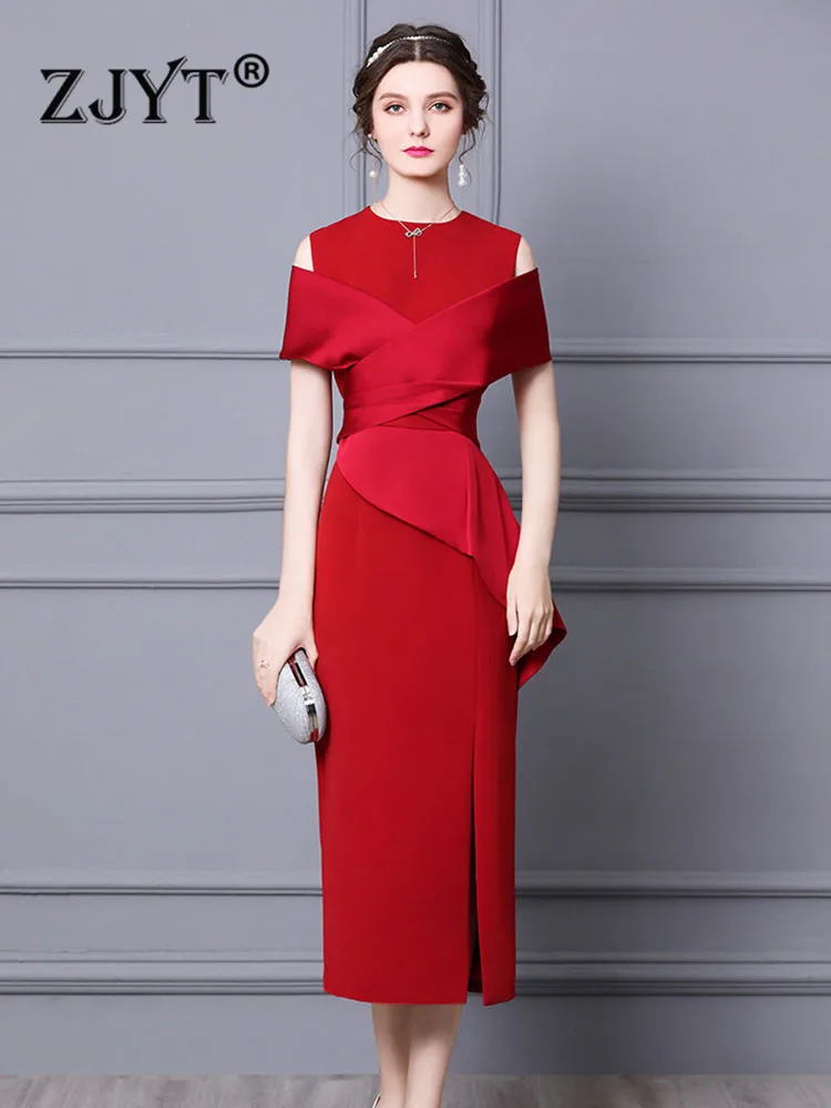 ZJYT Zarif Tasarımcı Düğün gece elbisesi Uzun Maxi Parti Elbiseler Kadınlar için Yaz 2022 Ruffles Kapalı Omuz Vestidos Kırmızı