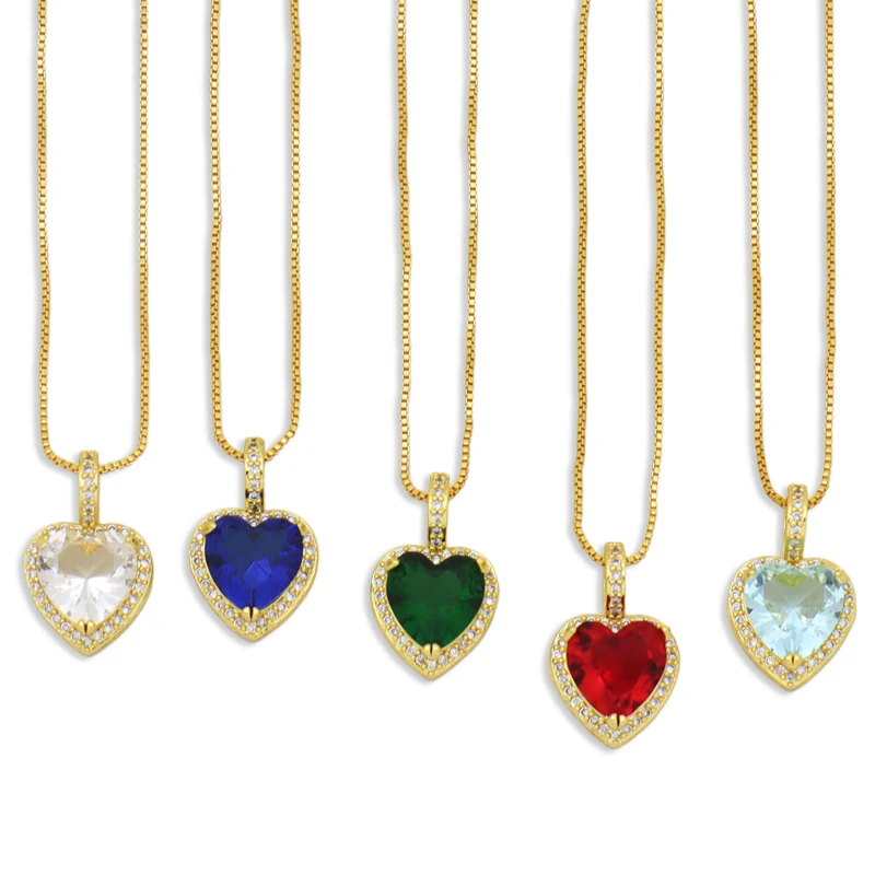 CZ Rhinestones Tel Aşk Kalp Kolye Taş kadın Boyun Zinciri Takı Çok Renkli Kalp Kolye Altın Renk Kolye Kristal